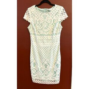 Bisou Bisou Michele Bohbot White Lace Crocheted Dress Mint Lining Size 12 EUC